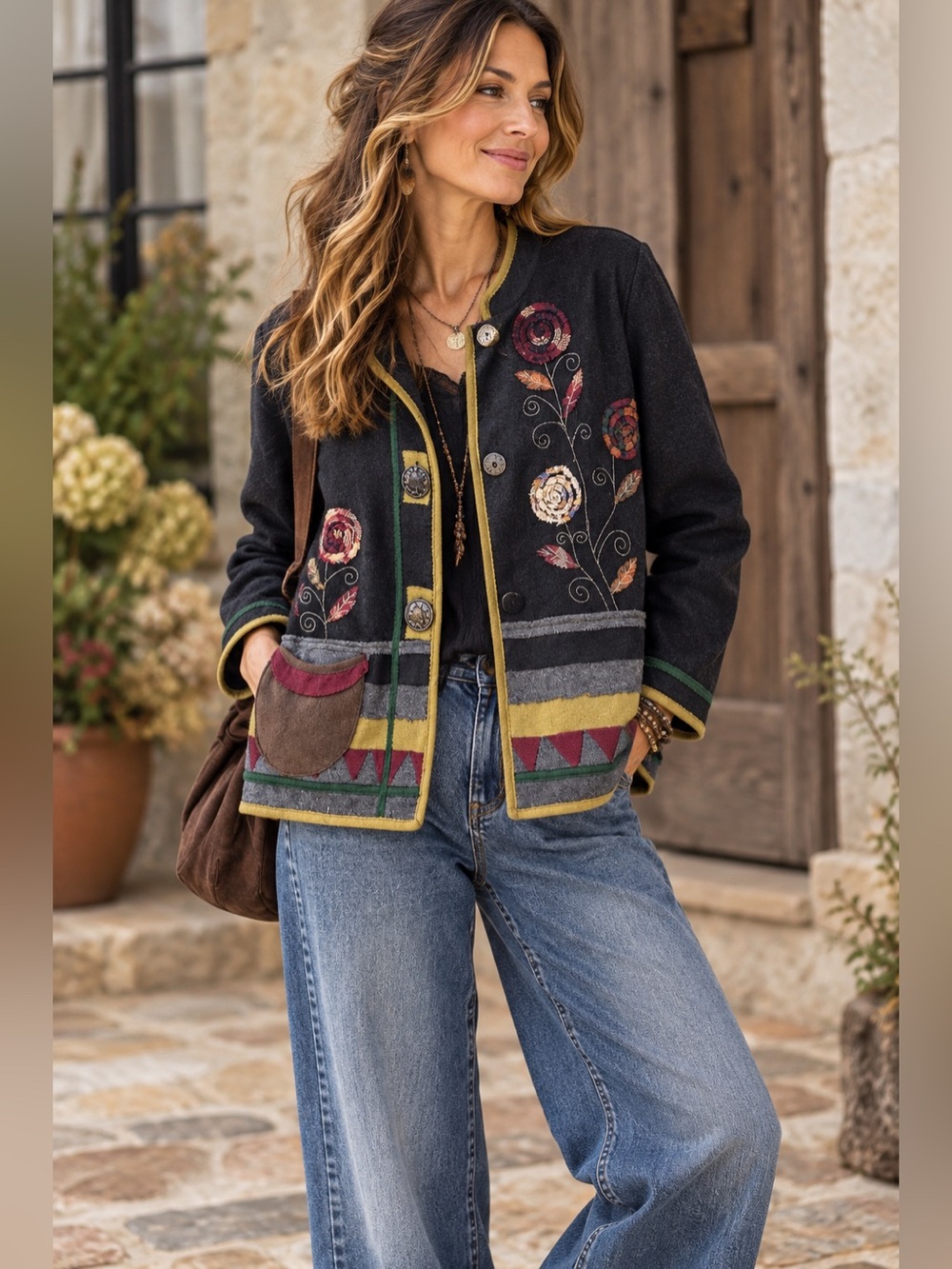 Parsley & Sage Embroidered Floral Folk Art Jacket Size M Boho Artsy